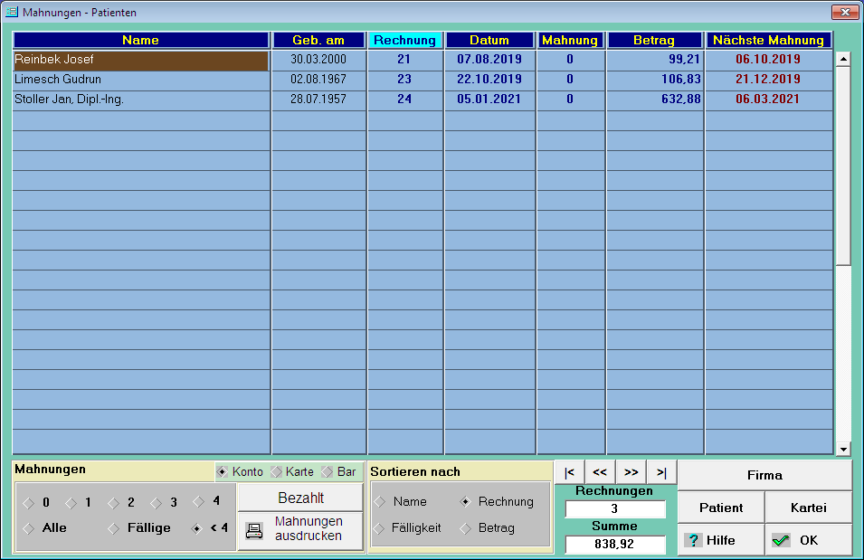 Rechnungen / Mahnungen - Patienten