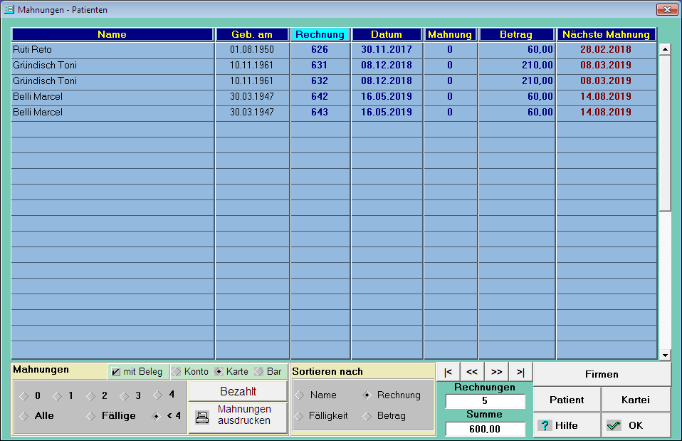 Rechnungen / Mahnungen - Patienten