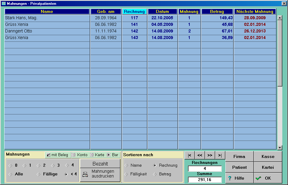 Rechnungen / Mahnungen - Privatpatienten