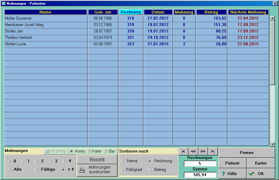 Rechnungen / Mahnungen - Patienten